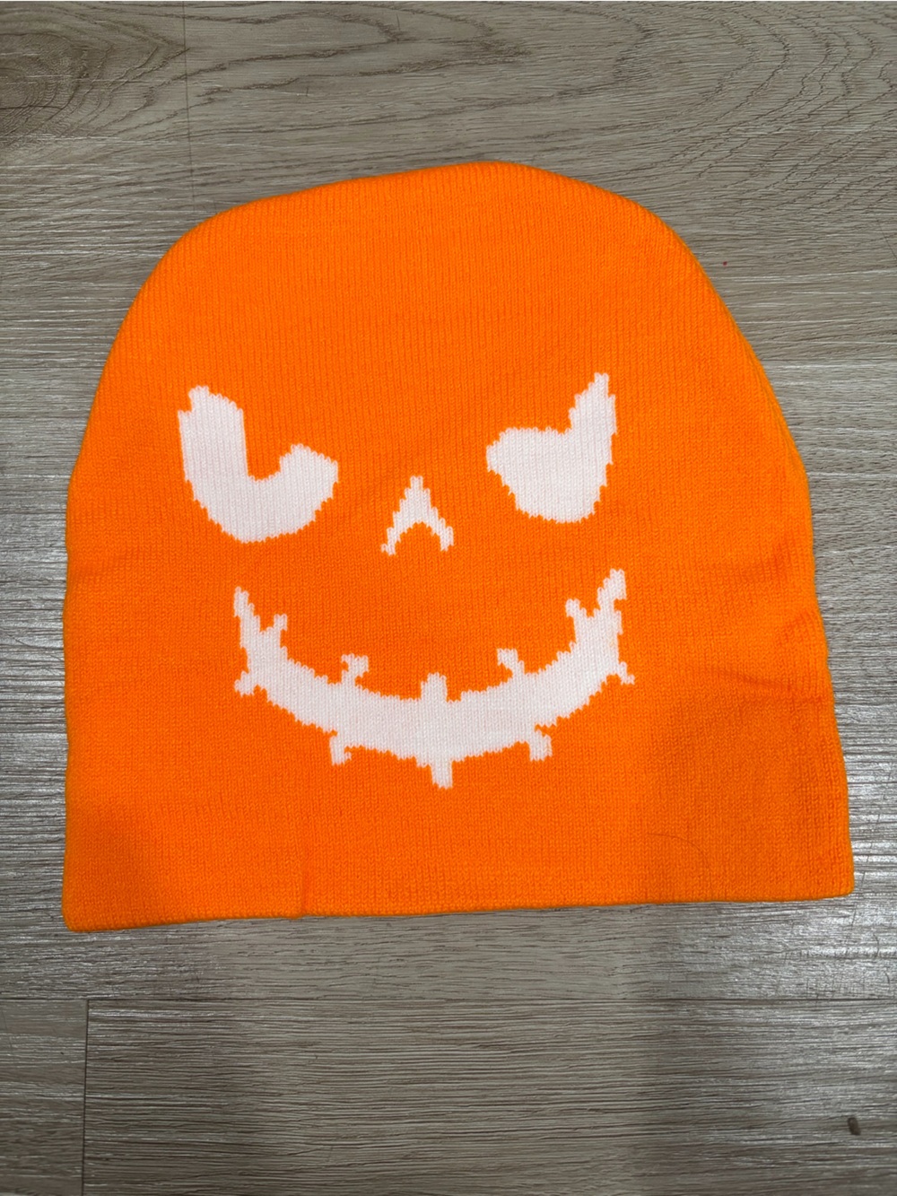 Kids Orange Knit Beanie with White Jack-O'-Lantern Face